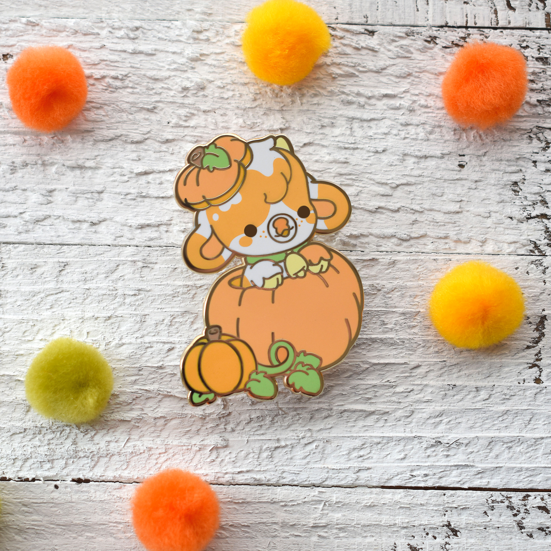 Latte the Pumpkin Cow Enamel Pin – Bright Bat Design