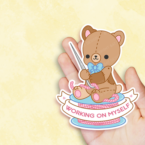 Working on Myself Teddy Bear Vinyl Sticker