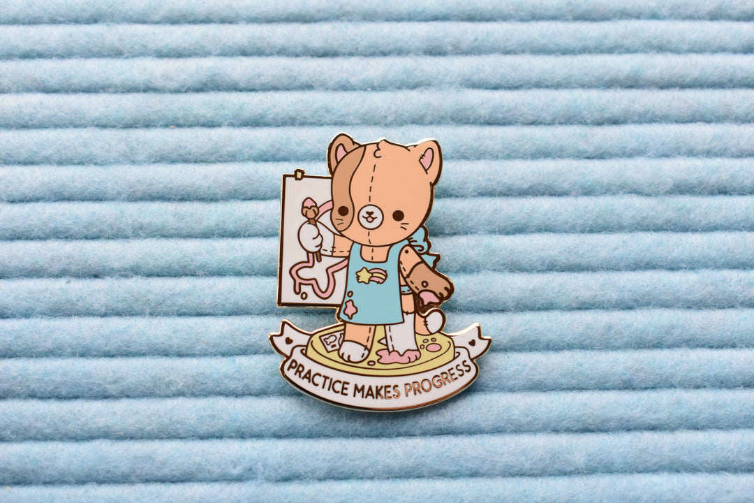 Practice Makes Progress Cat Artist Enamel Pin – Bright Bat Design