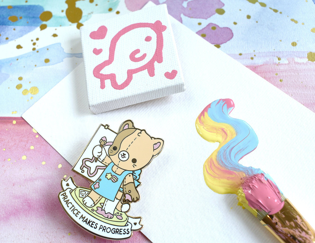 Practice Makes Progress Cat Artist Enamel Pin – Bright Bat Design